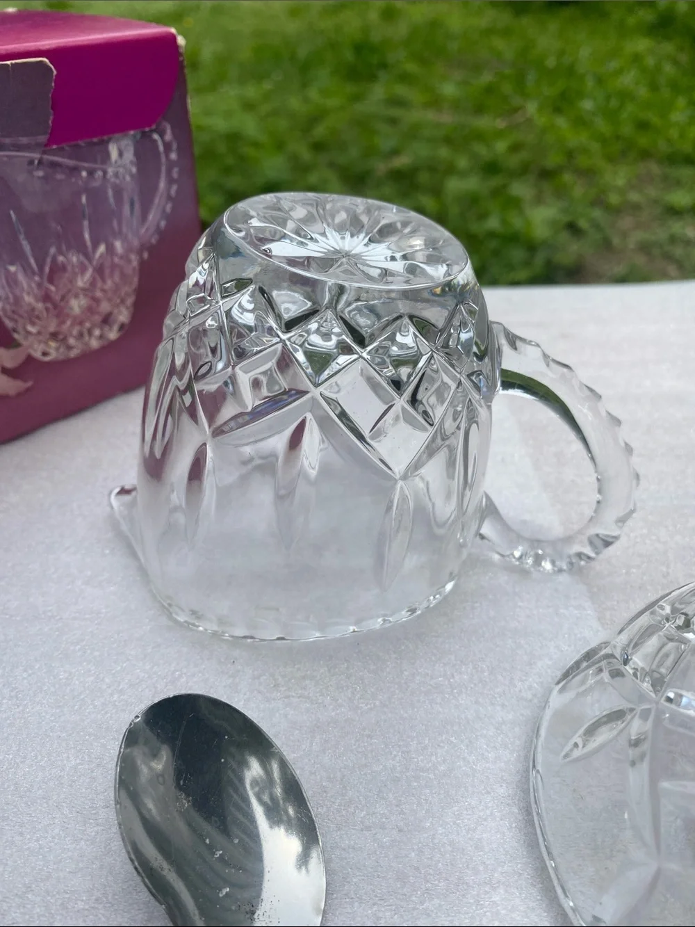 Crystal Gems 24% Lead Crystal Creamer Sugar Bowl Serving Spoon Original Box 1970